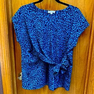 Black and Blue Cheetah Cap Sleeve Bow Detail Blouse